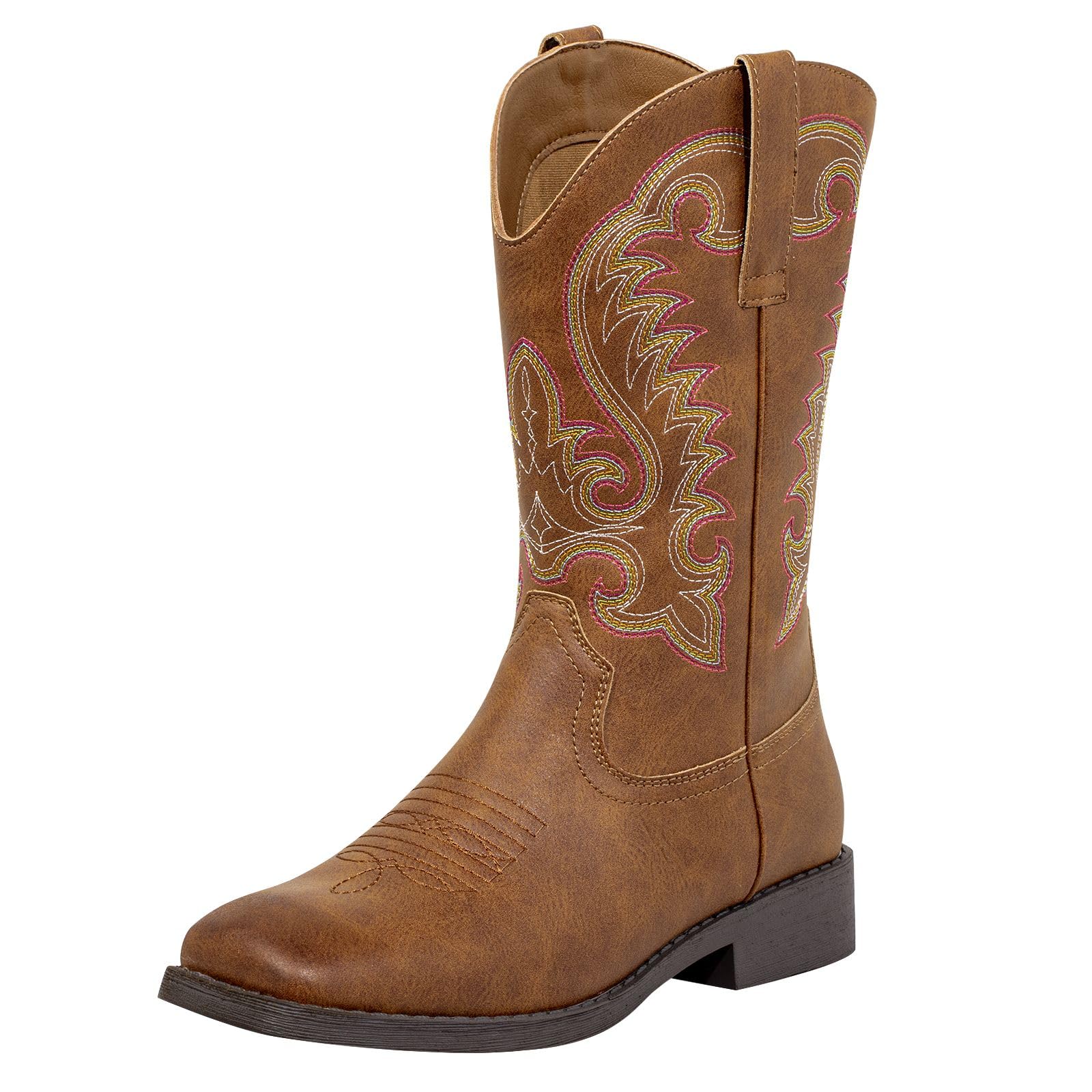 Womens Cowboy Boots Square Toe Pull On Western Fashion Dress Wide Mid Calf Cowgirl Boots Chunky Low Heel