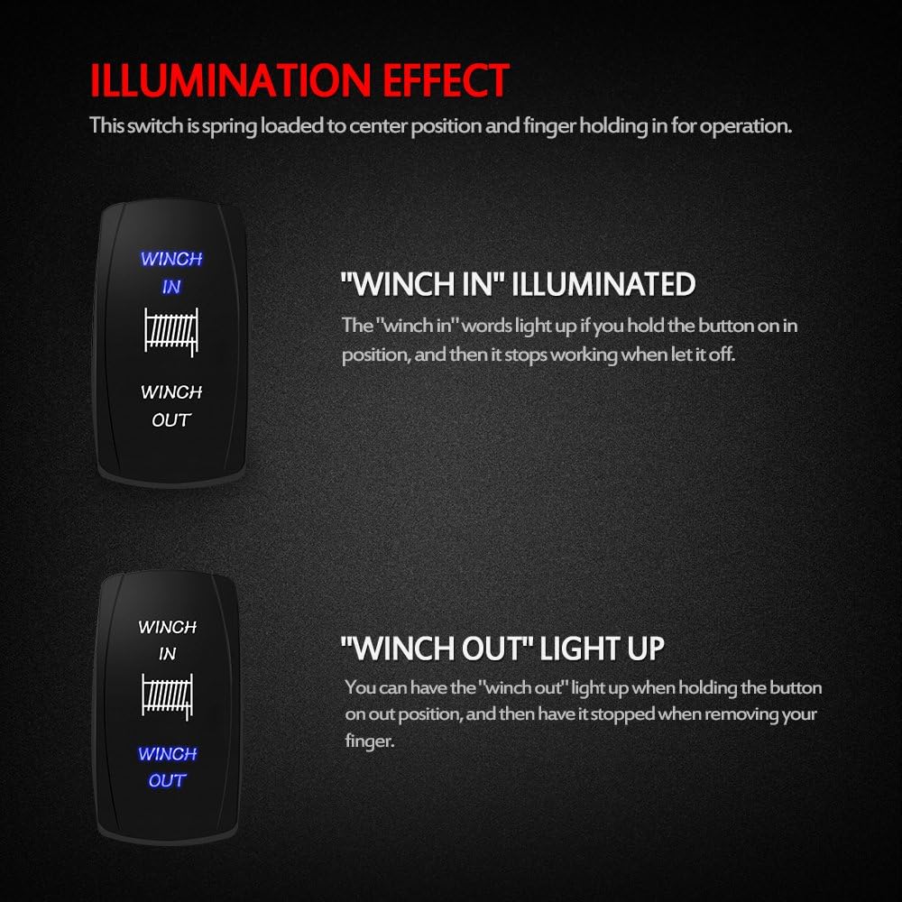 MICTUNING LS09901 7 Pin Momentary Laser Rocker Switch Winch in/Out, 20 Amp/12V, Black