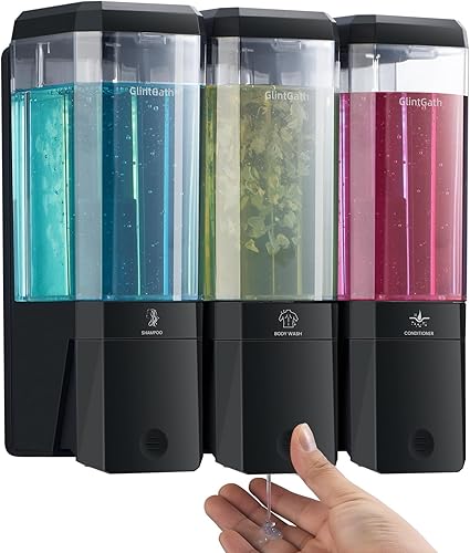 Dispensador de ducha de 3 cámaras, sin taladro, champú y acondicionador montado en la pared, dispensador de gel corporal, gran capacidad, 50.7 fl