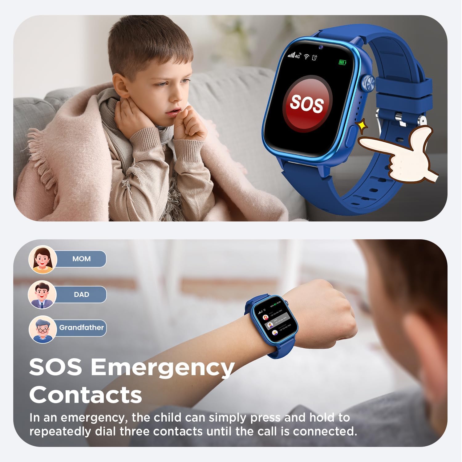 Nuevo 4G Reloj Inteligente Niño con Videollamada & GPS, Smartwatch Niños con SOS, Chat de Voz, Modo Escuela, Podómetro, Despertador, Monitor de Sueño IP68 Impermeable Regalo para Niños Niñas, Azul 6