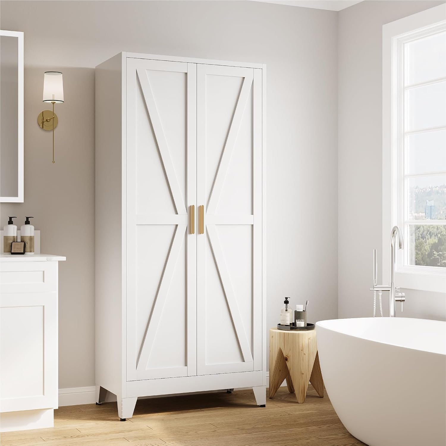 71" Tall Metal Armoire Wardrobe Closet with Hanging Rod and 2 Adjustable Shelves,White Storage Cabinet,Steel Wardrobe for Bedroom Garage Laundry Room Office Apartment Amployees