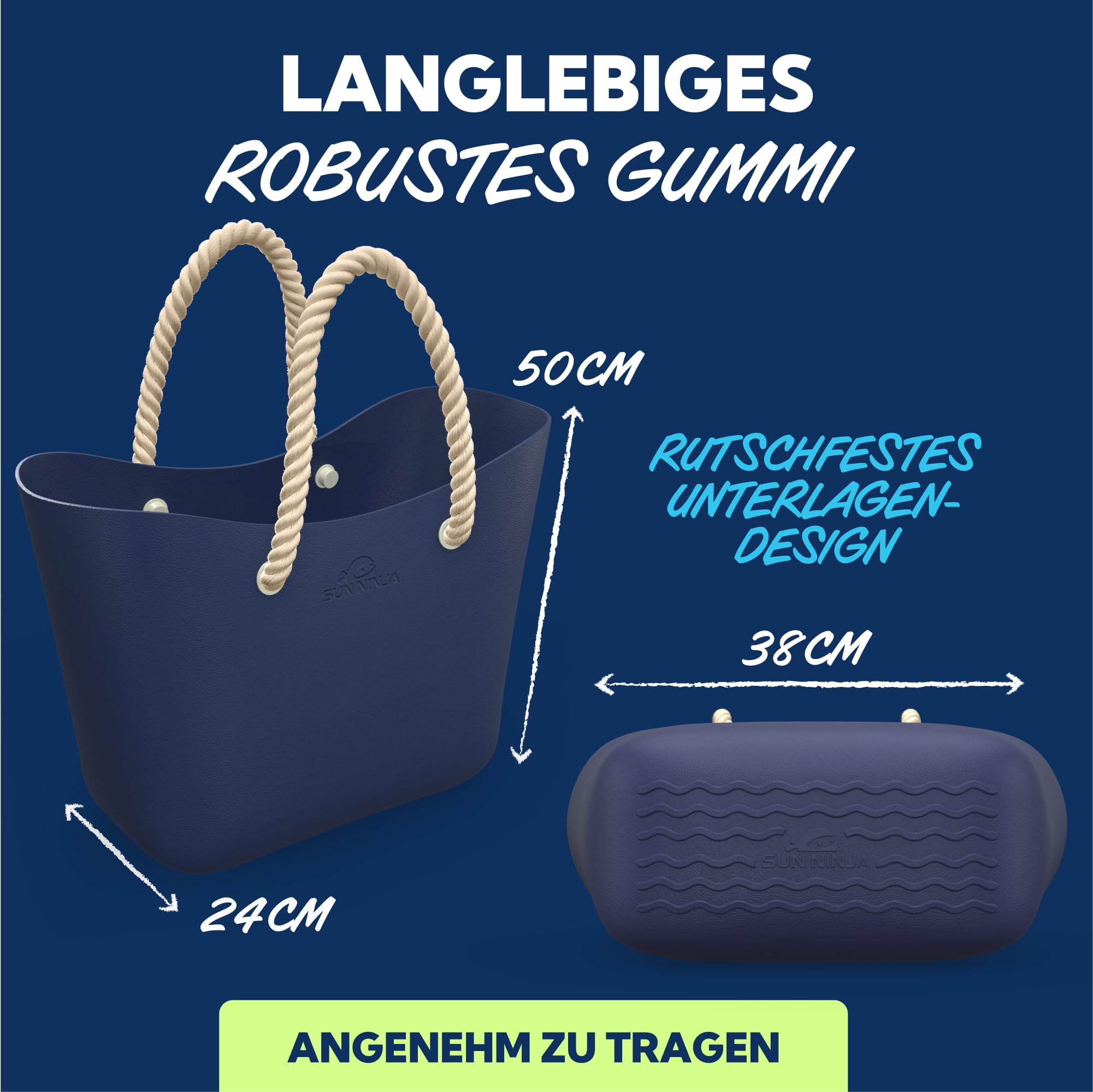 SUN NINJA Gummi-Strandtasche extra groß wasserdicht EVA-Tragetasche mit Seilgriffen