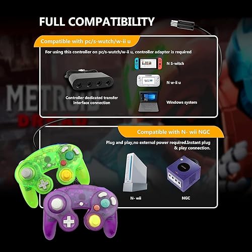 Miniatura 4 de FIOTOK Gamecube - Controlador clásico con cable para Wii Nintendo Gamecube (morado claro y verde transparente, paquete de 2)