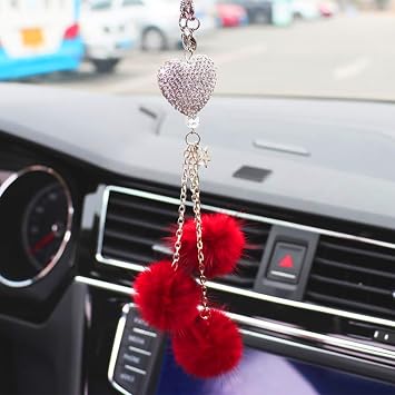 Bling Car Interior Accessories for Women & Girls - Heart & Plush Ball Decor Ornament Pendant, Hanging Decoration Charm Red