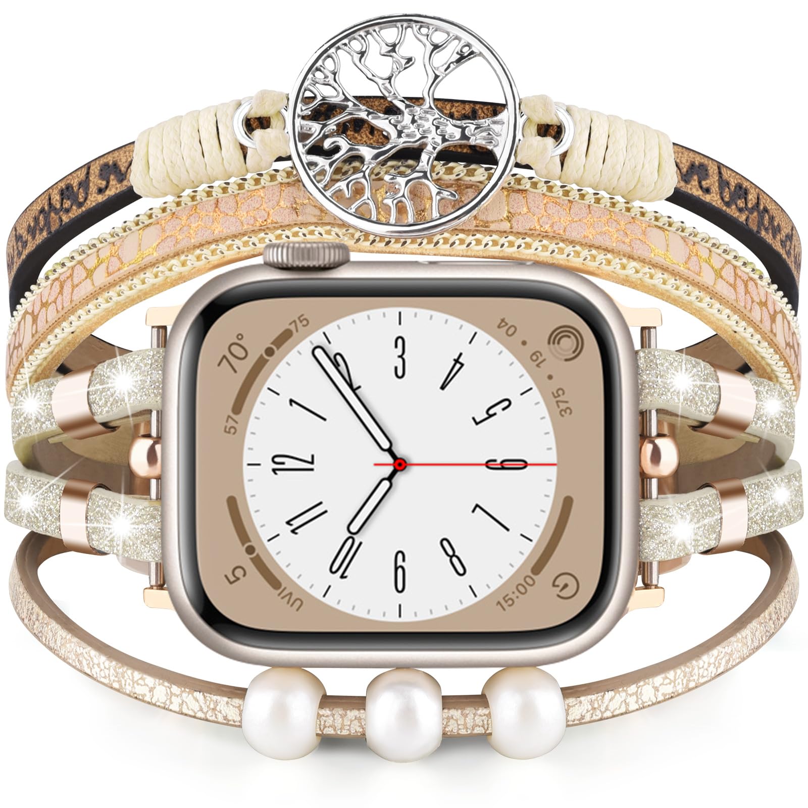 VISOOMBoho Beaded Bracelet For Apple Watch Bands 38mm/40mm/41mm Women, Handmade Glitter Leather Fashion Bands for Apple Watch Series 9/8/7/6/5/SE/4/3/2/1 Bling Multilayer Wrap Strap For iPhone Watch