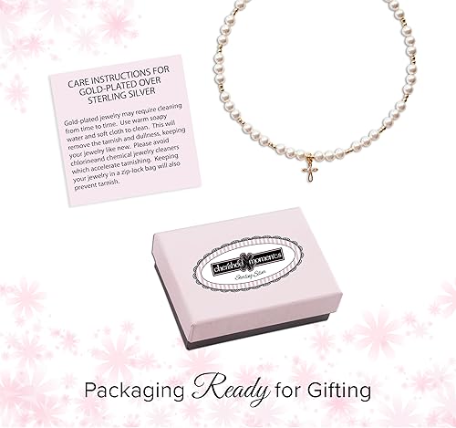 Miniatura 5 de Pulsera de cruz chapada en oro de 14 quilates con perlas cultivadas y collar con perlas de imitación de alta gama para bautismo, bautizo o primera