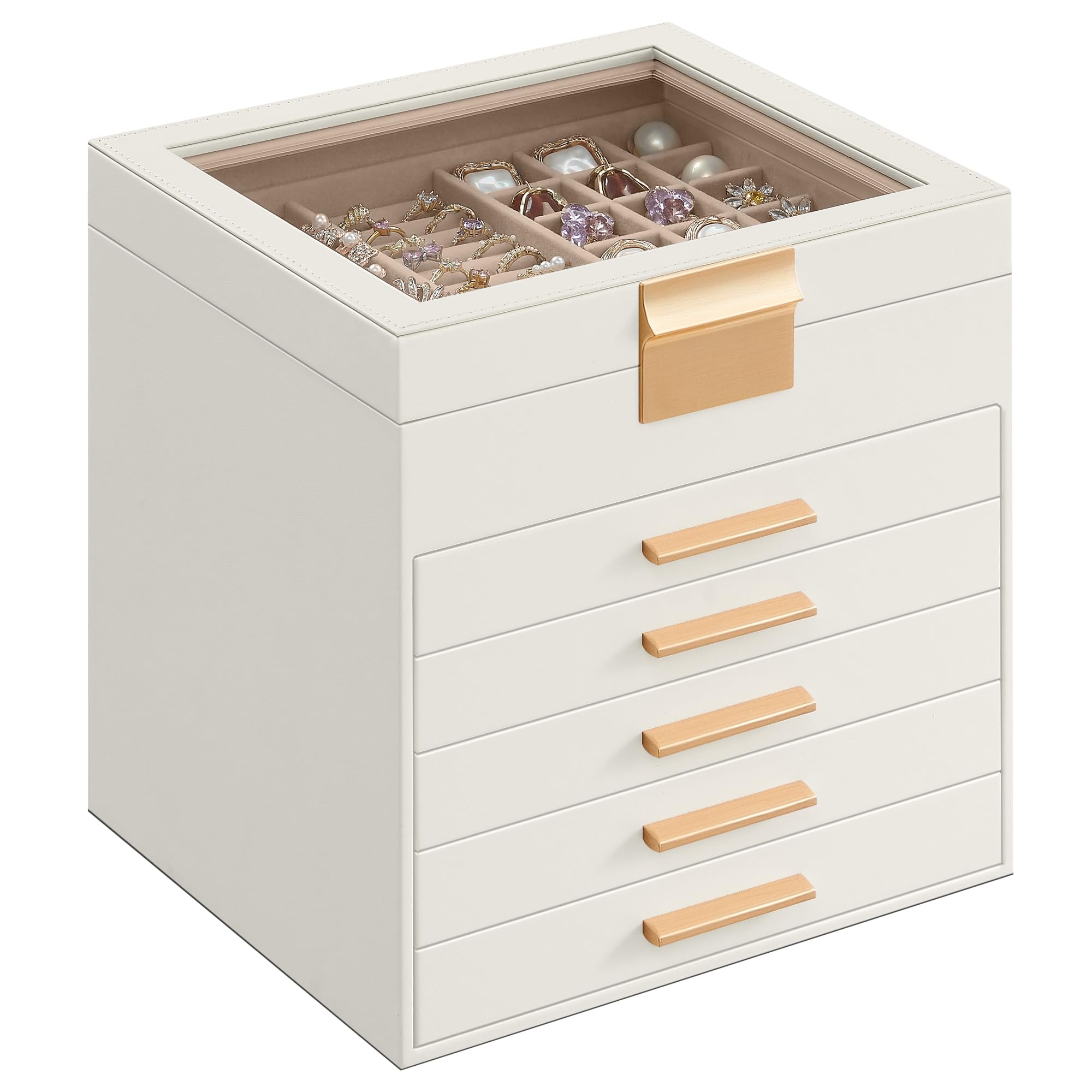 SONGMICS GISELLA Collection - Jewellery Box with Glass Lid, 6-Layer Jewellery Storage Organiser with 5 Drawers, Modern, Gift Idea, Cloud White and Gold, 20.3 x 23.1 x 22.8 cm JBC176W01
