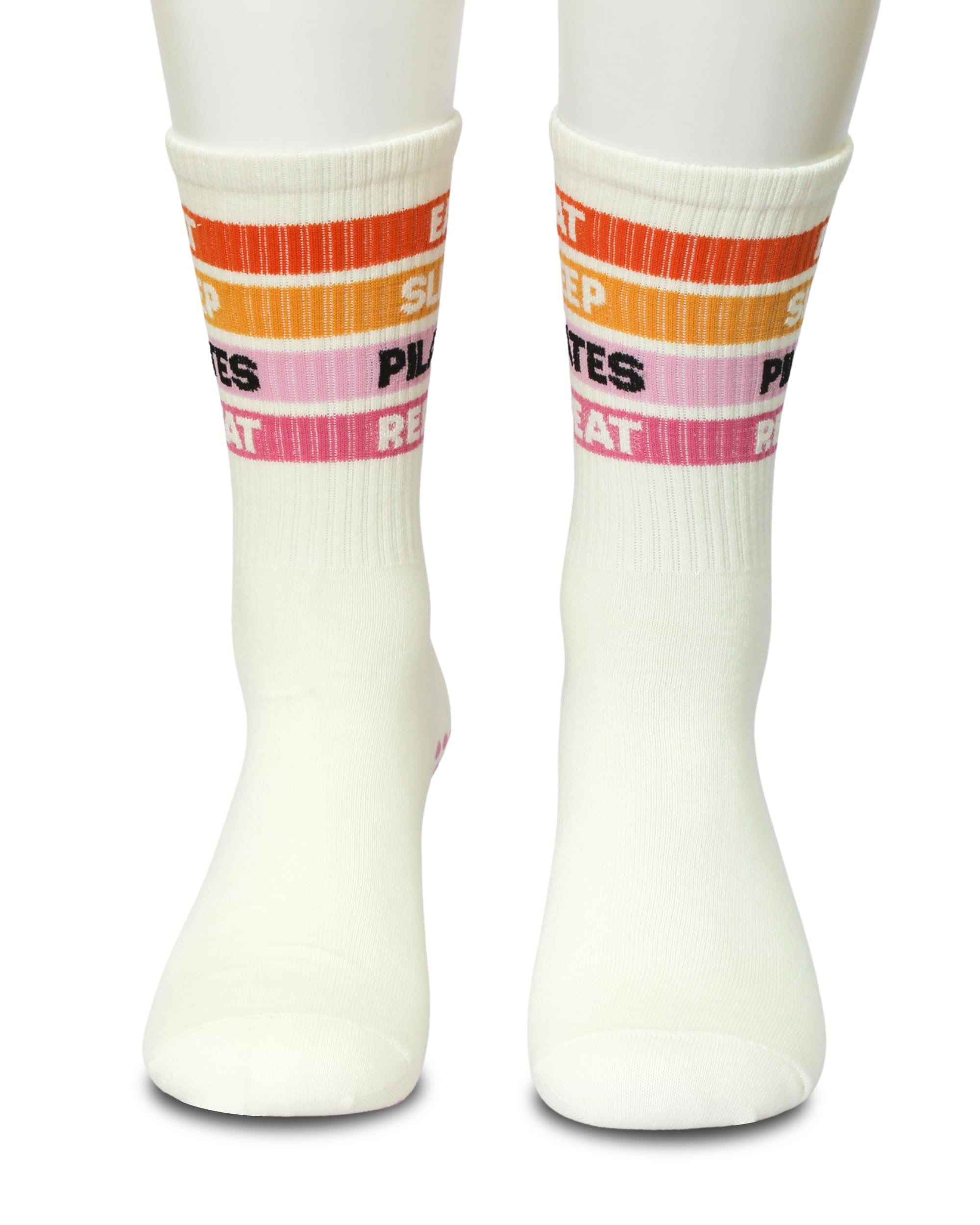Cute Pilates Socks - Eat Sleep Pilates Repeat Sign Best Studio Gifts for Women and Girls - Beige Crew Grip Socks for Reformer Workout and Daily Pilate Life(183)