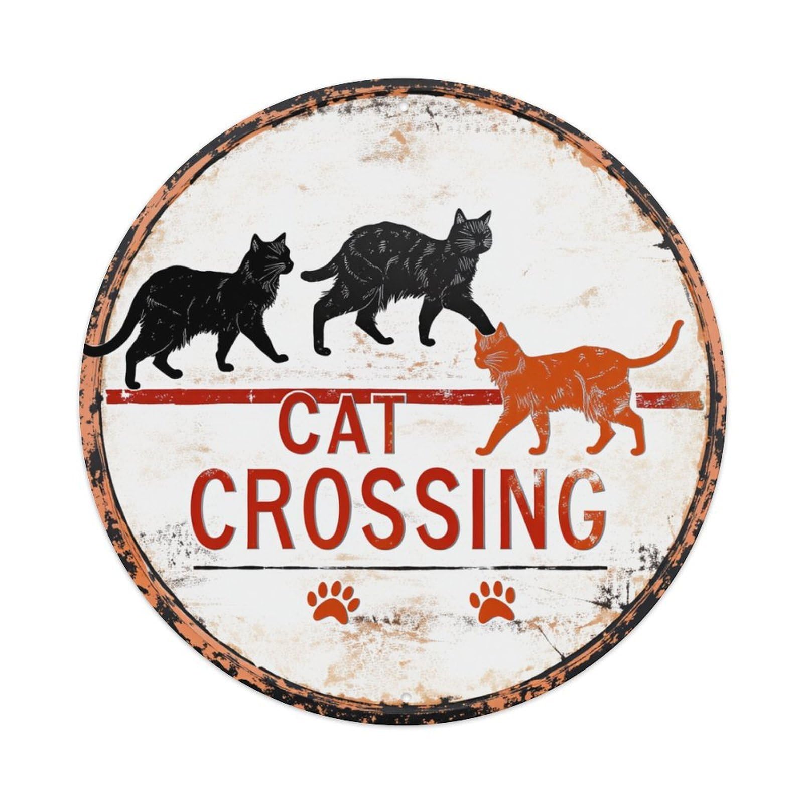Cat Crossing Sign With Cats Round Tin Sign Retro Metal Sign for Cafe Bar Pub Home Game Room Gym Club Wall Decoration Vintage Metal Poster 8x8 Inch