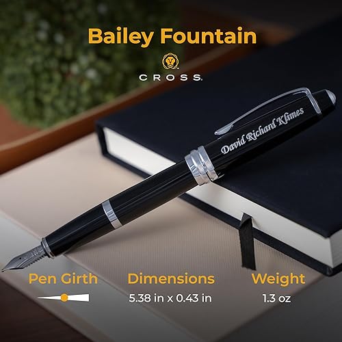 Miniatura 5 de Pluma estilográfica cruzada personalizada Pluma estilográfica grabada Cross Bailey de laca negra con borde plateado. Regalo de negocios Negro