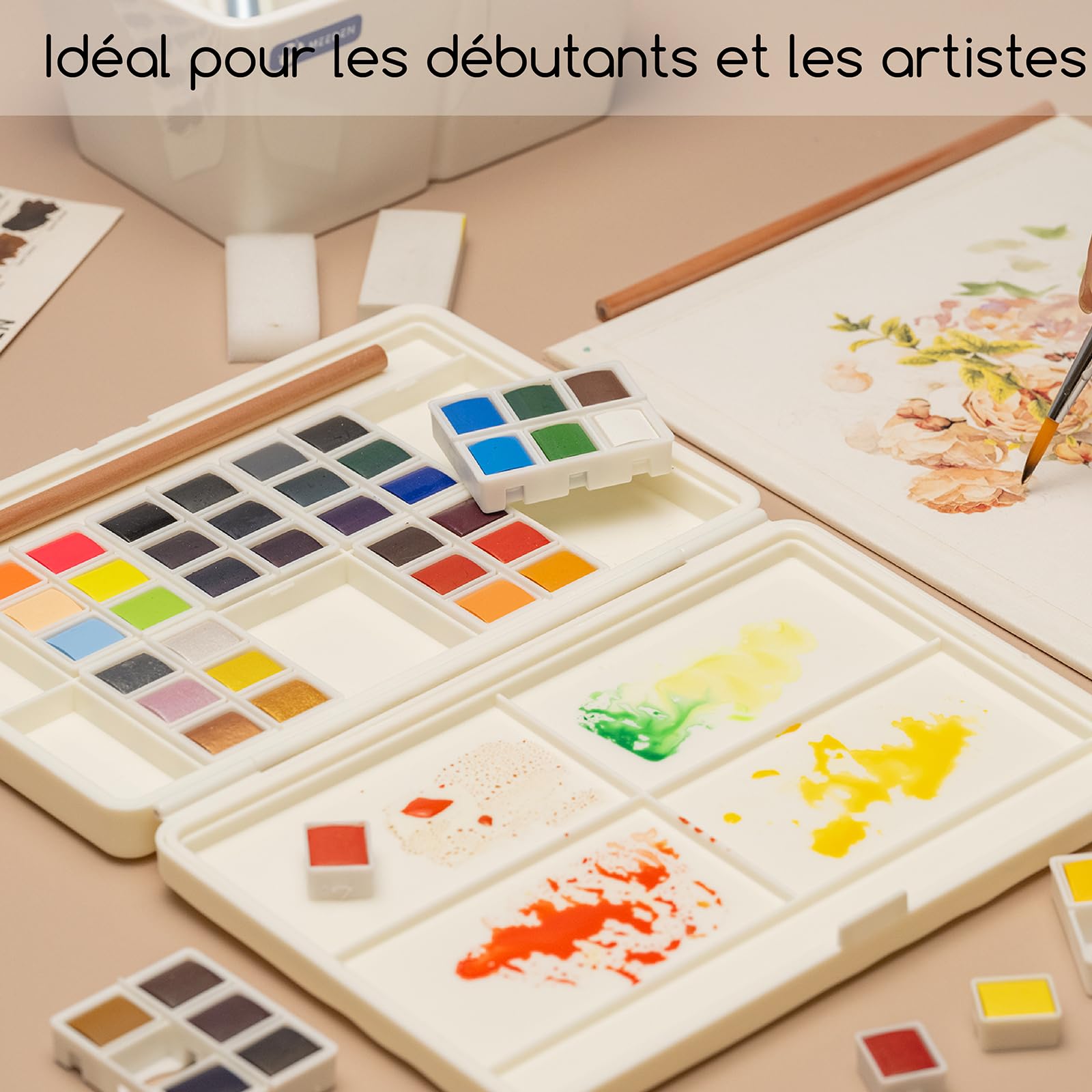 MEEDEN Set de peintures aquarelle 48 couleurs, ensemble de peintures à l'eau avec blocs amovibles, palette et accessoires aquarelle, set de peintures pour artistes débutants et professionnels
