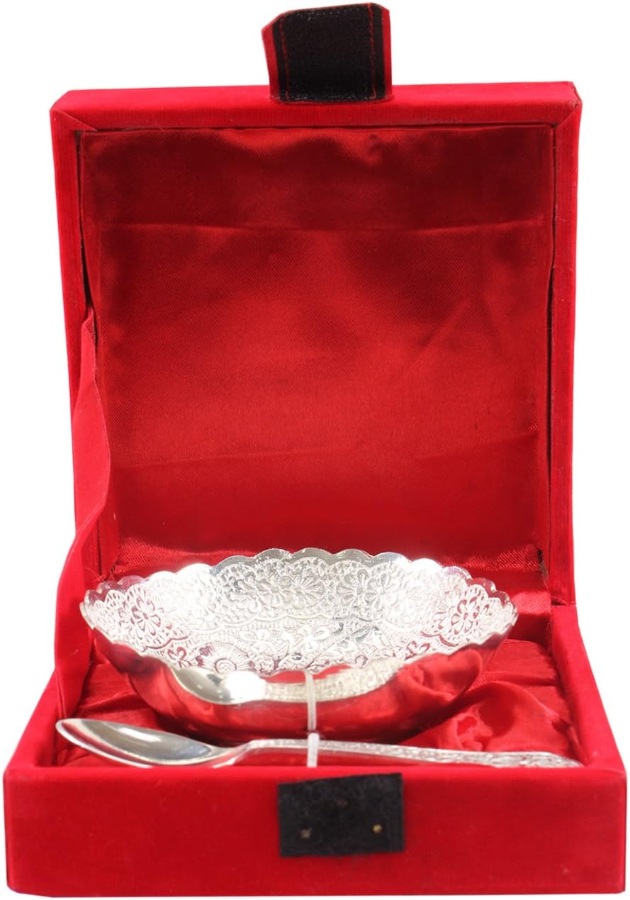 Indian Art Villa Silver Plated Designer Bowl with Spoon |150 ML| for Serving Dessert Home Hotel | Decorative Diwali Gift Item...
