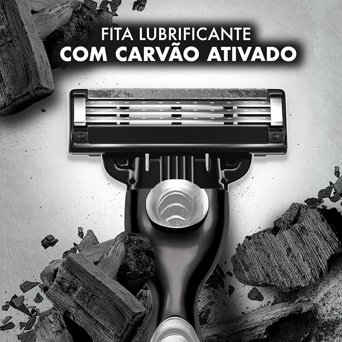 Close da cabeça do aparelho de barbear destacando a fita lubrificante com carvão ativado
