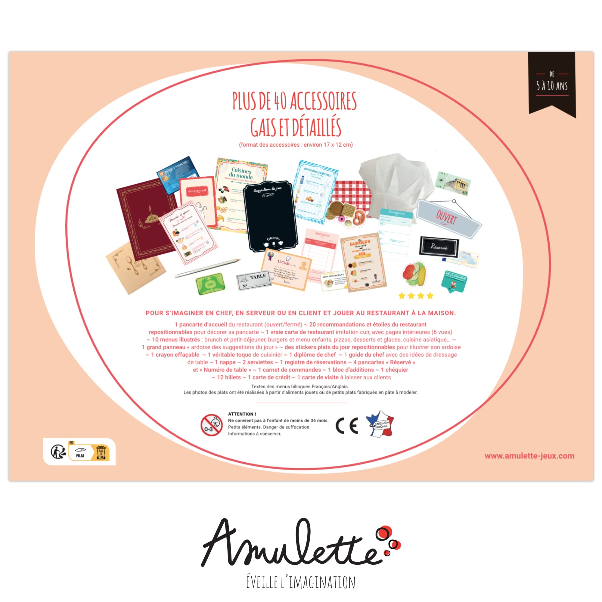 Amulette - Coffret Mon Premier Restaurant - Jeu Éducatif 5 à 10 ans - 40+ Accessoires pour Jouer à Créer son Restaurant - Jouet Cadeau Enfant Fille Garçon Métier Cuisine - Fabriqué en France - CHEF