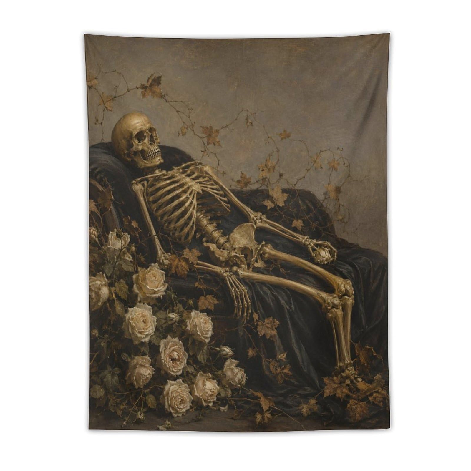 H3B8U2Y5 Skeleton with Roses Wall Tapestry, Gothic Oil, College Dorm