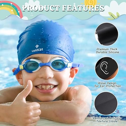 Miniatura 10 de 2 Pack Kids Swim Caps for LongShort Hair, Unisex Silicone Swimming Cap for Age 3-15 Children Toddler Youth Teen, Waterproof Shower Cap Bathing Hats