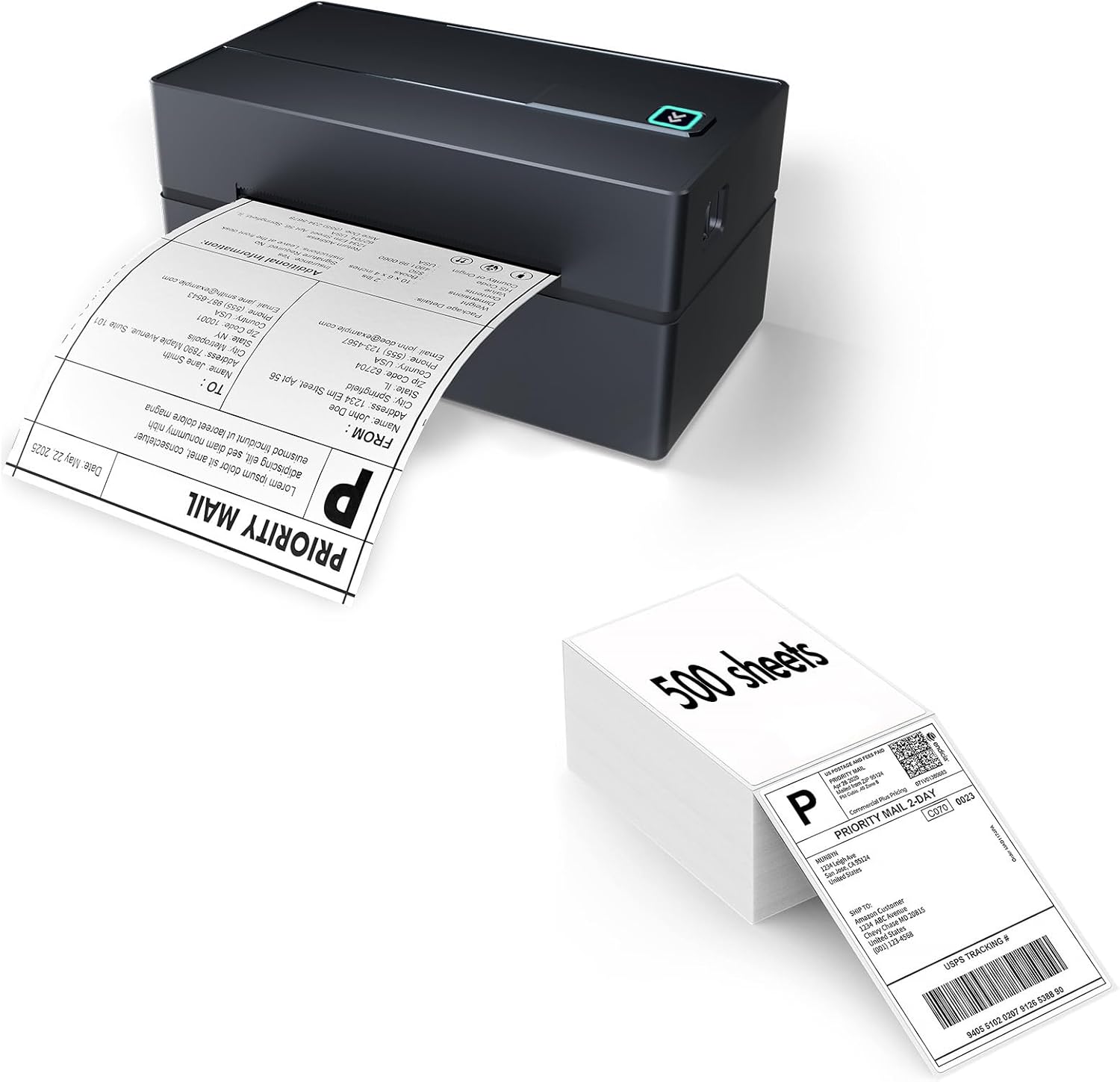 Bluetooth Thermal Shipping Label Printer (Black) + Thermal Direct Shipping Labels (Pack of 500 Fan-Fold Labels)