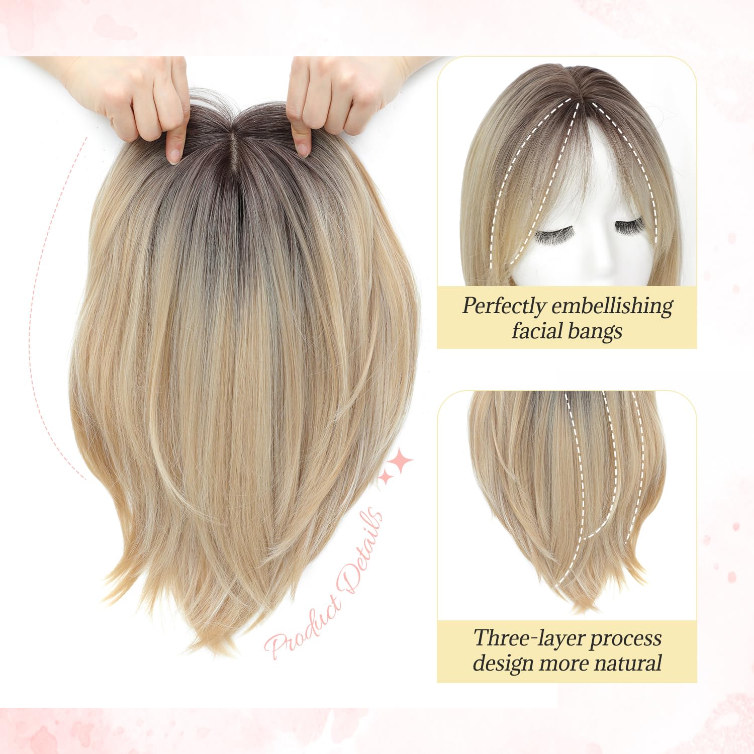Ms Taj 12 Inch Hair Topper for Women with Thinning Hair, 6.5"x6.5" Large Base Synthetic Hair Topper with Bangs, Ladies-Ombre Blonde with Dark Root