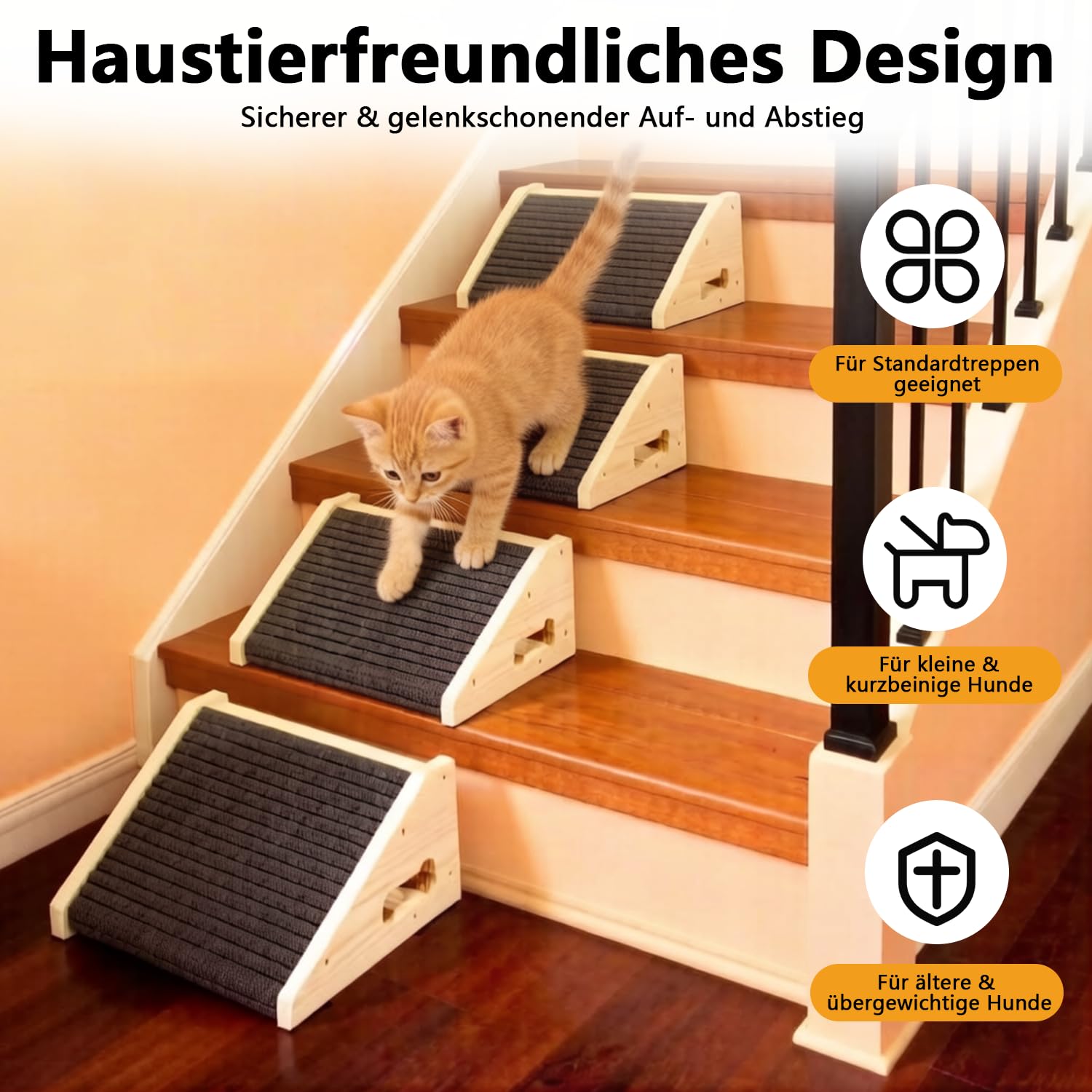 4 Stück Hunderampen für Treppen, Hundetreppe Holz mit Rutschfester Trittmatte, Treppenstufen Haustiertreppe für kleine Hunde und Katzen, Haustierstufen für ältere oder Verletzte Haustiere
