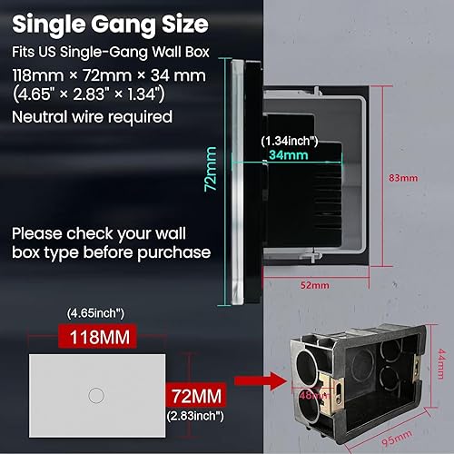 Miniatura 4 de Interruptor de luz inteligente 4.6X2.8X1.3 pulgadas, necesita cable neutro, WiFi de 2.4GHz, interruptor inteligente certificado FCC con control de