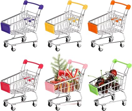 Dicunoy 6 PCS Mini Shopping Cart, Mini Supermarket Shopping Grocery Handcart, Small Decorative Ornaments Metal Shopping Utility Cart Mode on Wheels for Holder Desk Accessories