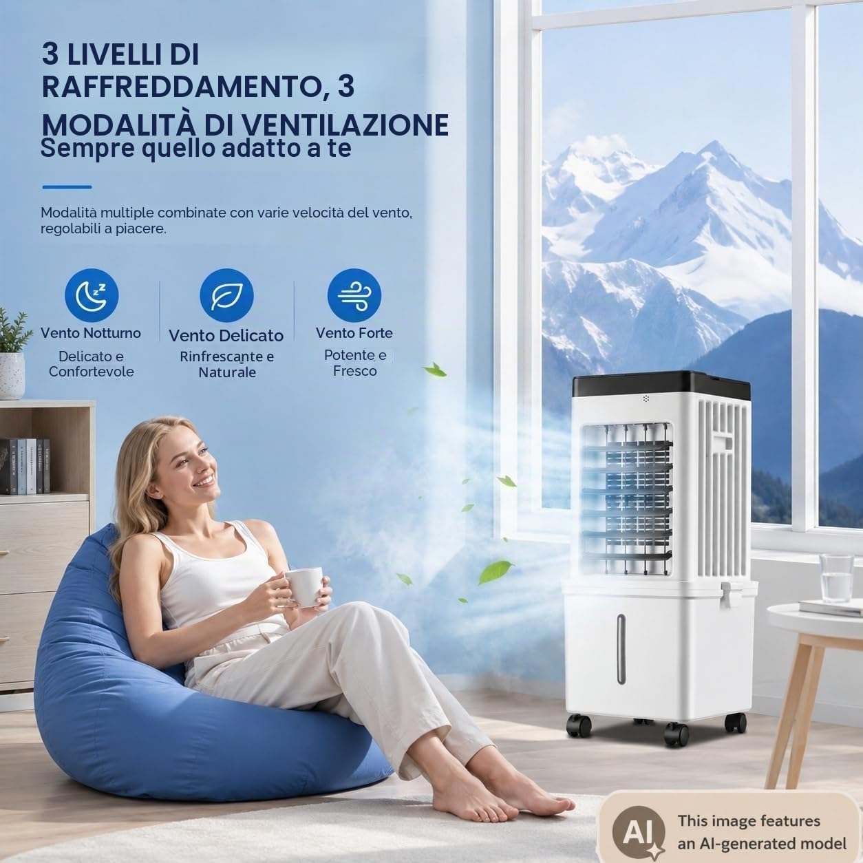 Ventilatore Raffrescatore d'Aria Evaporativo 15L, Condizionatore Portatile Senza Tubo, Timer 7,5 Ore, 3 Velocità, Ventilatore Silenzioso per Casa, Camera da Letto e Ufficio