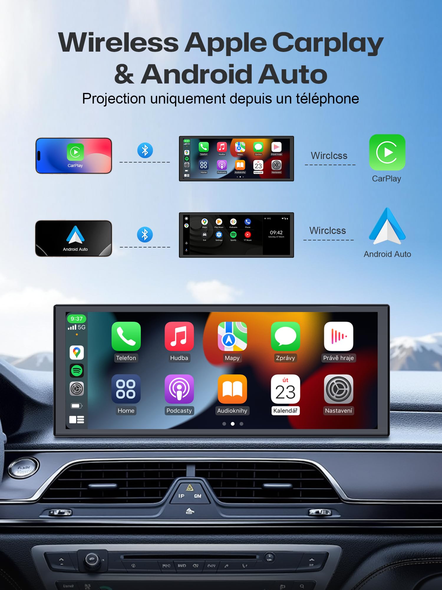 INNOVV V2 bezprzewodowa kamera samochodowa z systemem Android 10,3", ekran dotykowy IPS 1920 × 720 do samochodów, Mirror Link, nagrywanie w pętli, GPS, Siri z regulowanym stojakiem Magic Stand