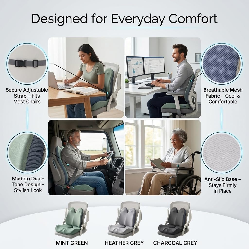 Seat Cushion Lumbar Support Pillow Set with Adjustable Strap | Memory Foam Office Chair Cushion for Back Support, Ergonomic Car Seat Cushion for Office Chair, Wheelchair, Home