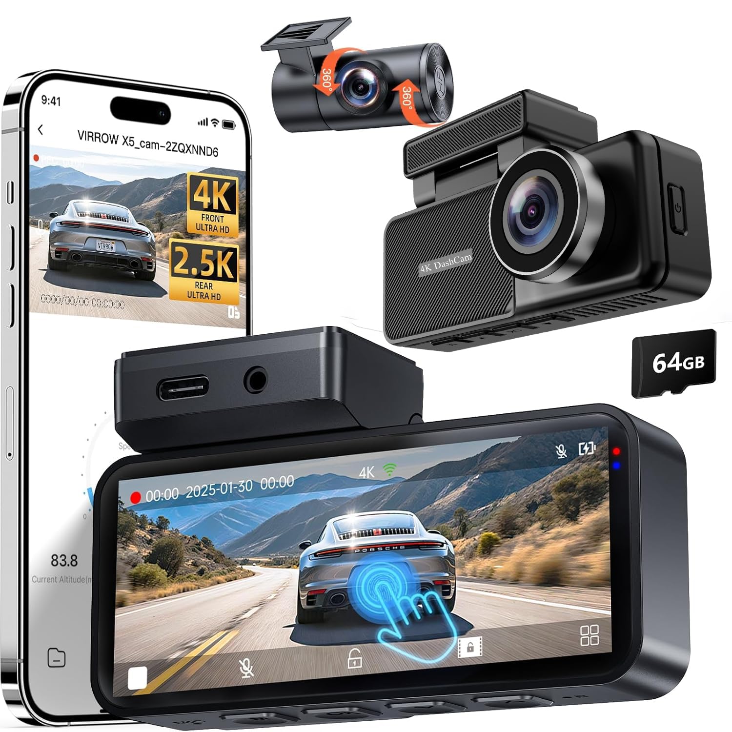 Dash Cam Front Rear, 4K/1080P Full HD Dash Camera for Cars, Included 64GB Card, Built-in Wi-Fi GPS, 3.18” IPS Screen, Night Vision, 170°Wide Angle,