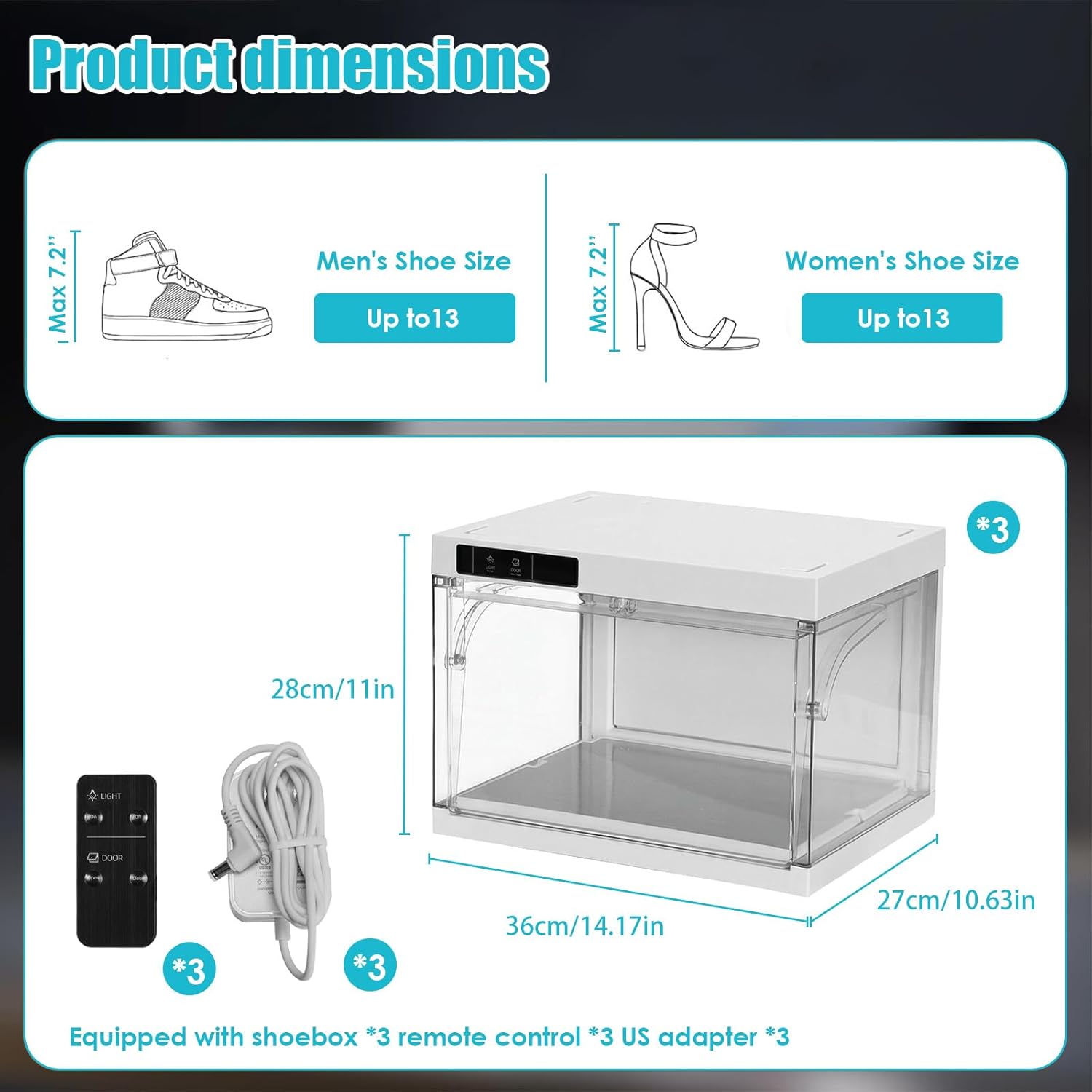 ETOYA Shoe Box Organizer: Smart Shoe Display Box with Led Lights, 3 Pack Clear Shoe Storage Organizer with Automatic Door, Remote Control Clear Stackable Sneaker Shoe Boxes with LED Lights
