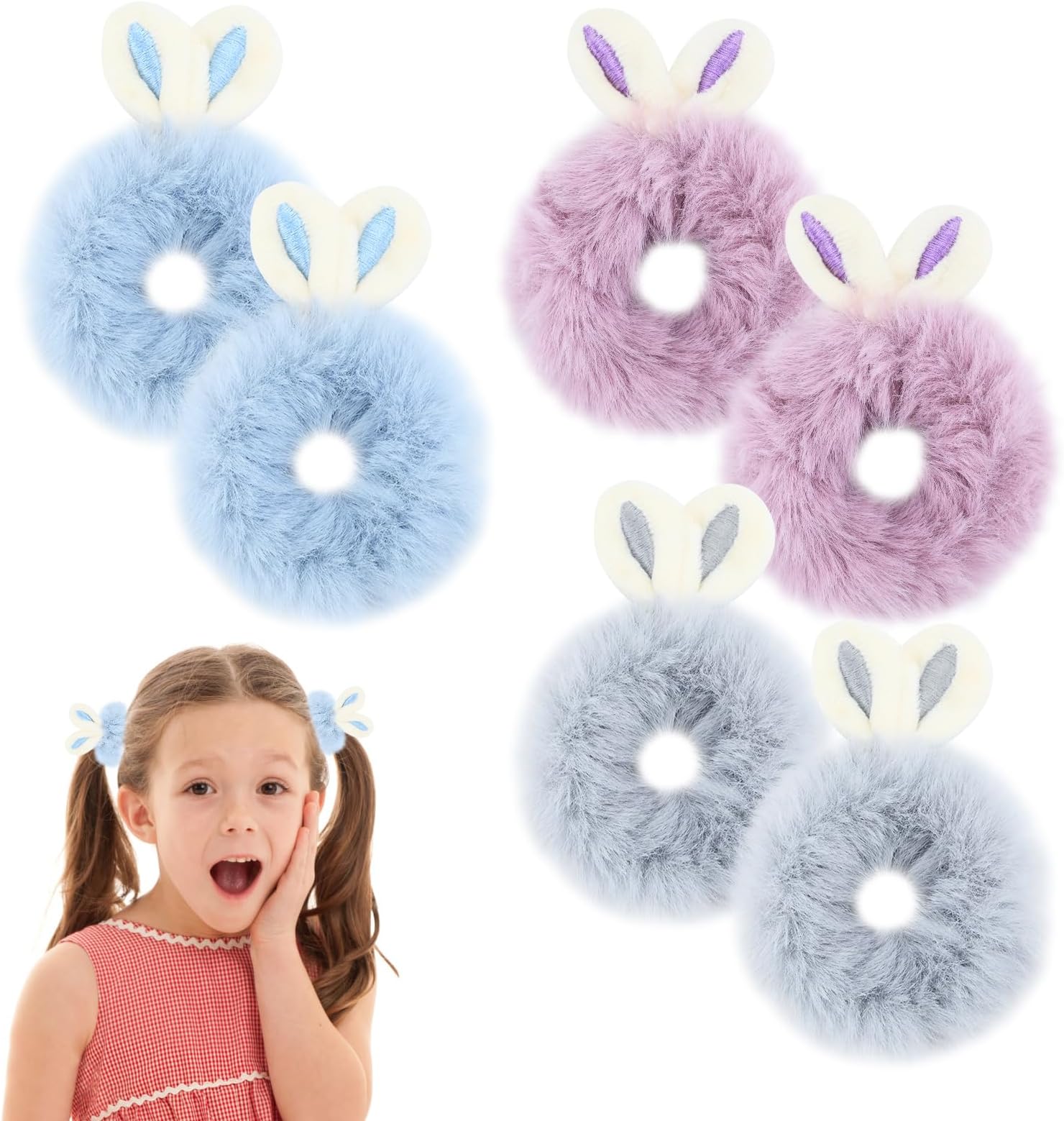 Bekecidi 6 PCS Fluffy Hair Scrunchies, Plush Faux Fur Rabbit Hair Ties Pom Pom Hair Bobbles Bunny Ears Elastic Hair Bands Rope Ponytail Holders Hair Accessories for Girls Women (Purple, Grey, Blue)