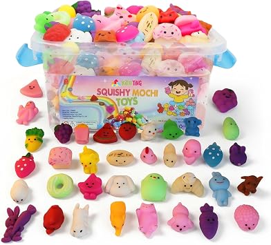 Squishy Mochi Toys 80 Pcs Kawaii Slow Rising Multicolor Animals, Fruits, Food & Learning Shapes Toys for Kids Fun Sensory Play, Goody Bag Filler, Party Favors, Events & School Activities