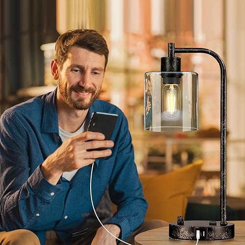 Miniatura 8 de Juego de 2 lámparas de mesa industriales con puerto USB, lámparas de noche regulables de color negro rústico para dormitorios, lámparas de