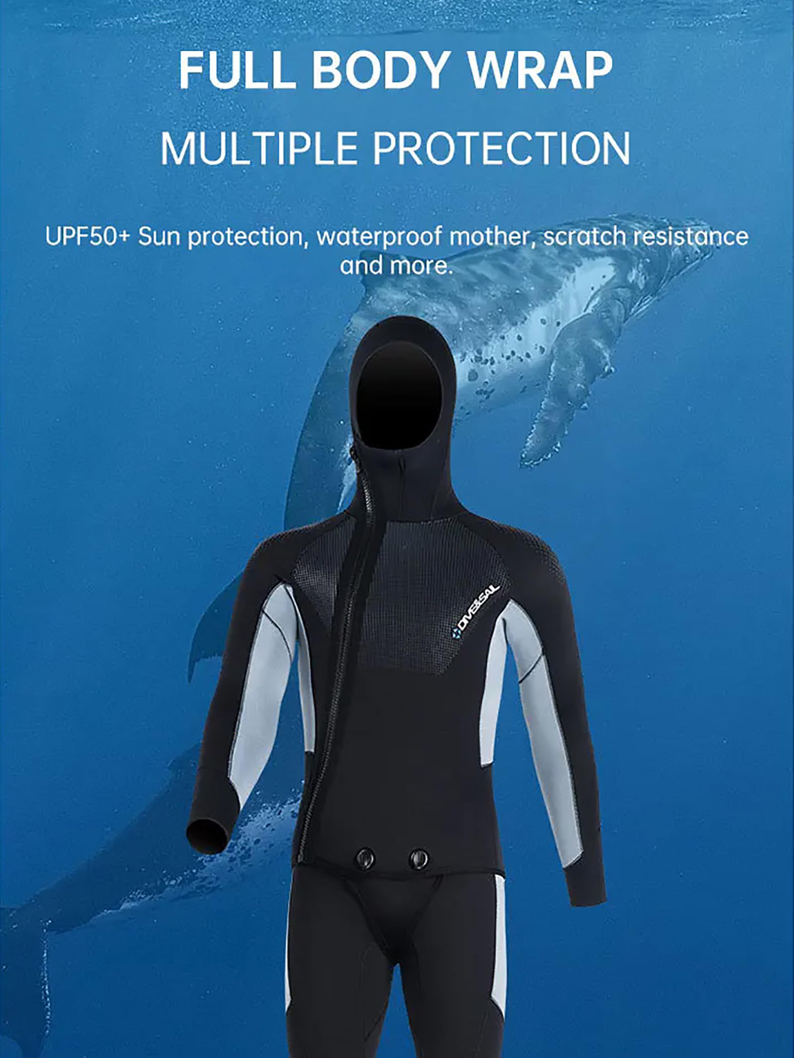 Nero,M,Muta in Neoprene 5mm per Uomo, Due Pezzi, con Cappuccio, Cerniera Frontale, Calda, Protezione UV per Snorkeling e Immersioni