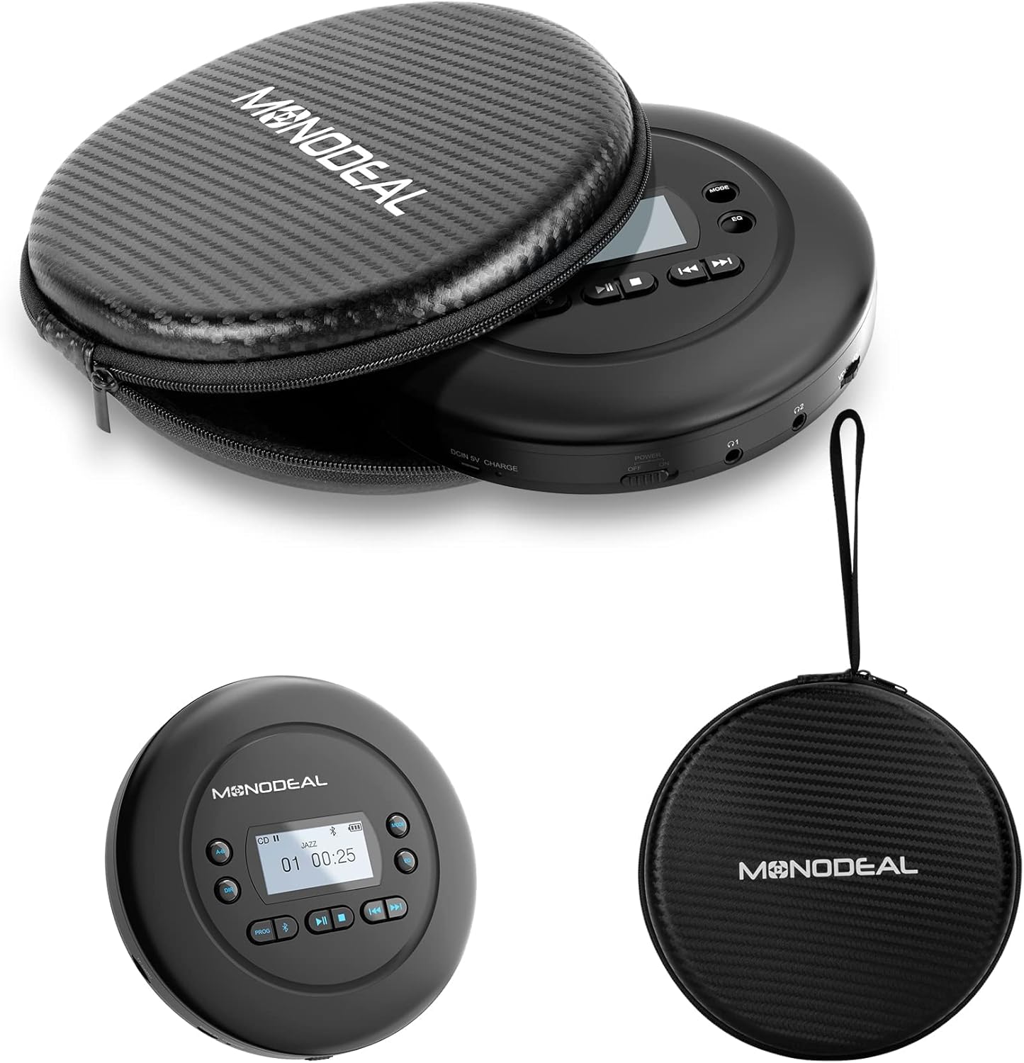 CD Player Portable with Round Carrying Case, MONODEAL Bluetooth CD Player, Rechargeable Compact Small Walkman CD Player with Headphones for Car and Personal Use