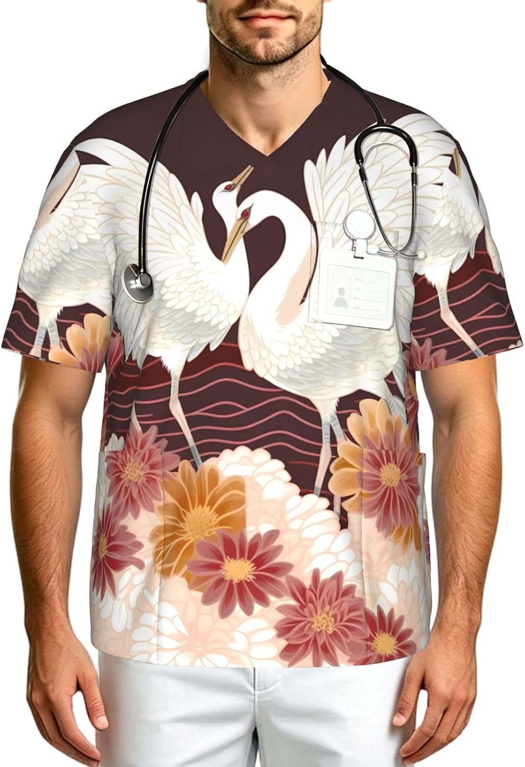Professional Scrub Tops for Men, Classic V-Neck Workwear with 3 Pockets