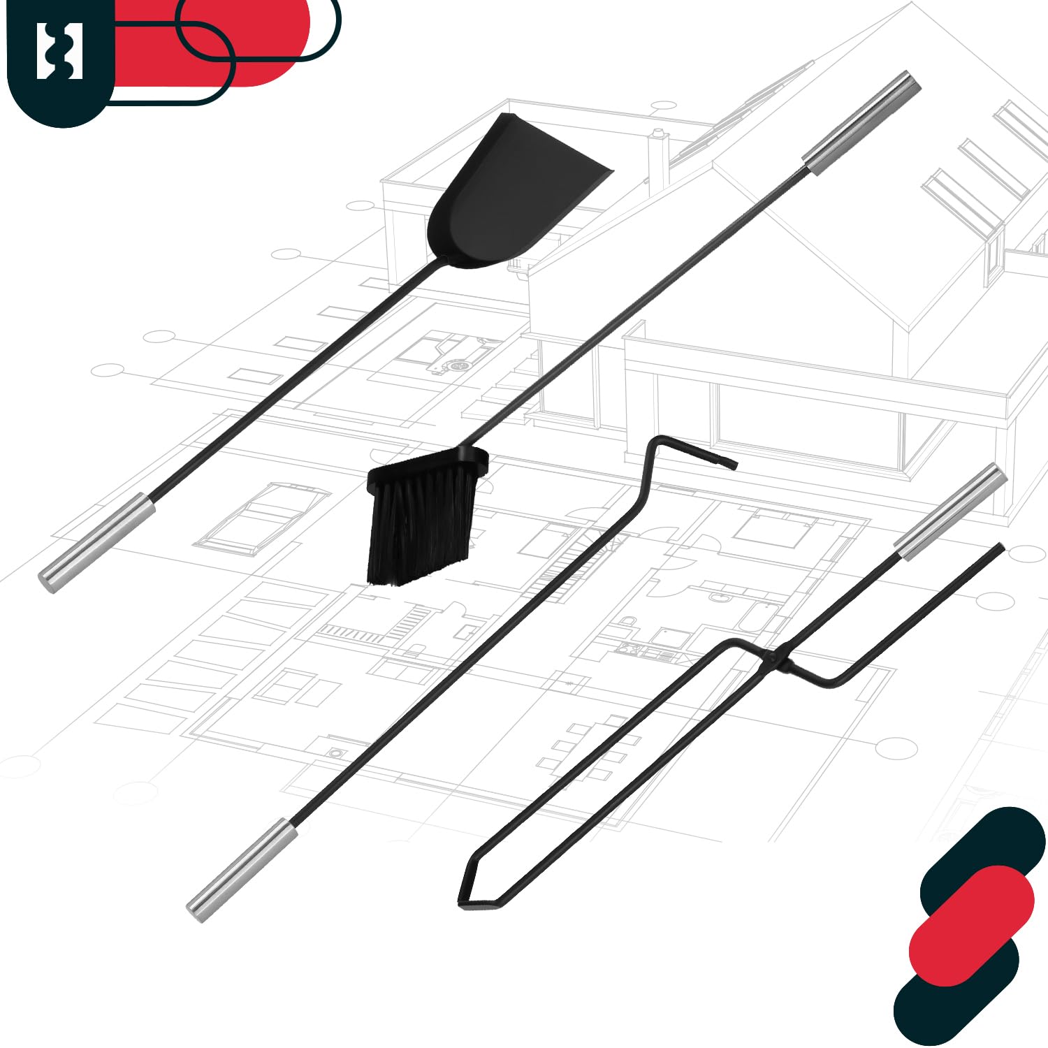 KOTARBAU® Juego de Herramientas para Chimenea de Acero Inoxidable, Set de 5 Piezas: Escoba, Pala, Pinzas y atizador de Ceniza con Soporte de pie, Herramientas para Chimenea, Estufa, Plateado Negro