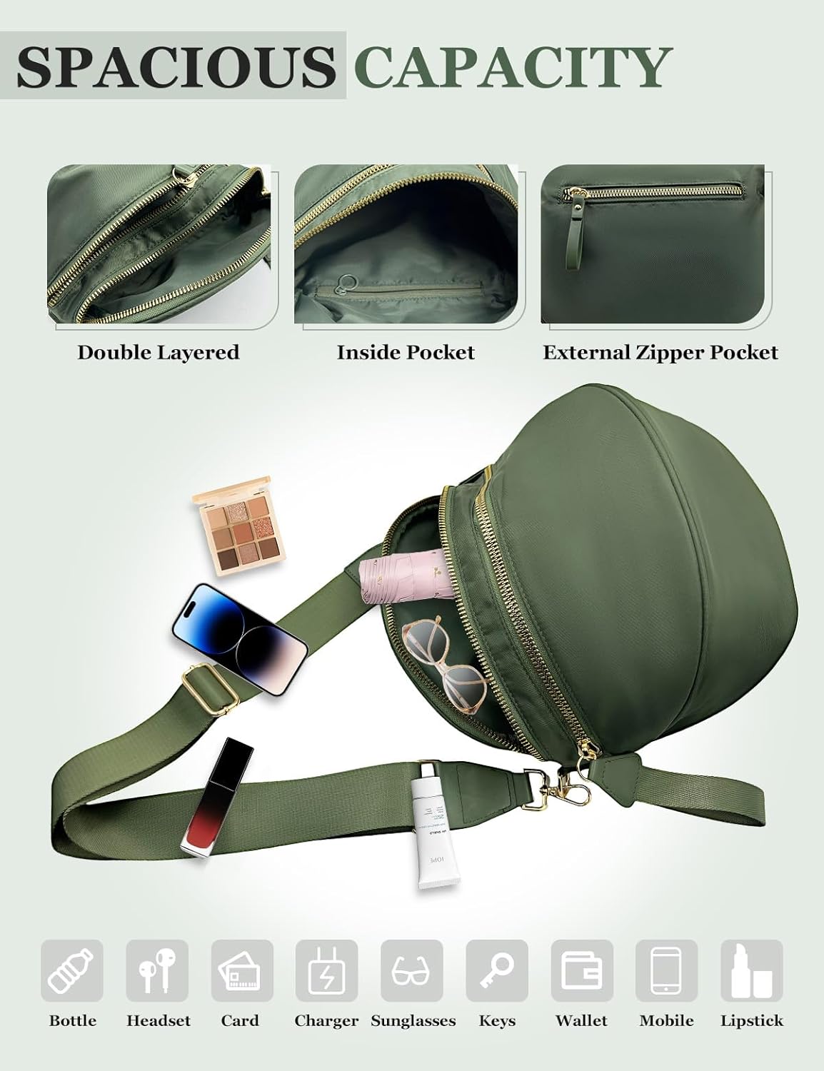 Bum Bags for Women Nylon Crossbody, Spacious Fanny Packs Belt Bag Large Sling Bag with Adjustable Strap - Image 5