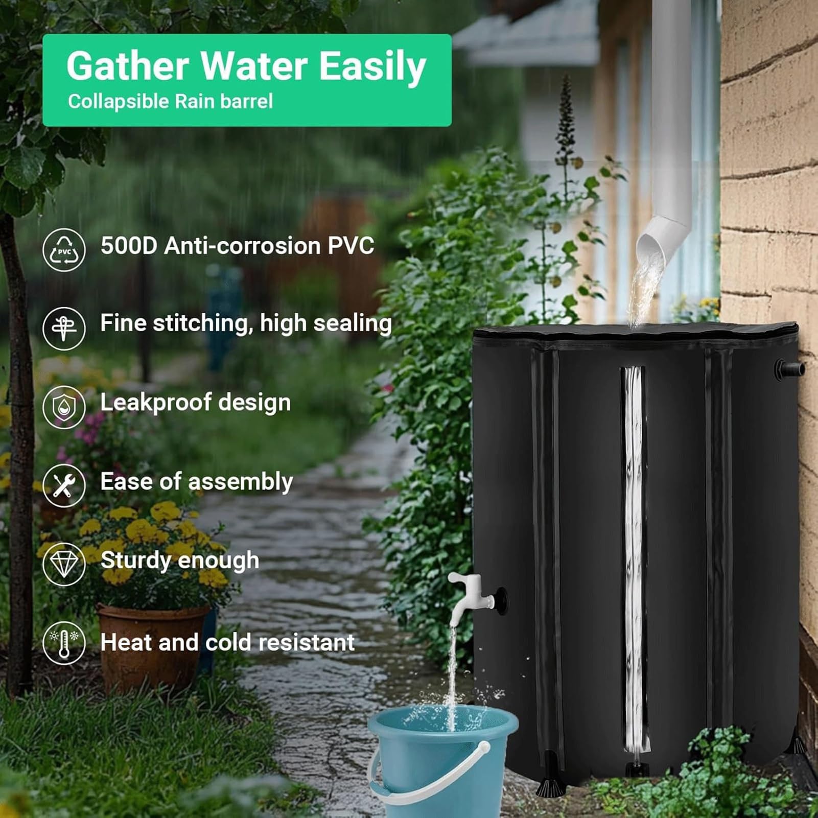Barril de lluvia plegable de PVC para canalón, tanque de almacenamiento de agua plegable con espiga, colector de agua de lluvia portátil, color negro