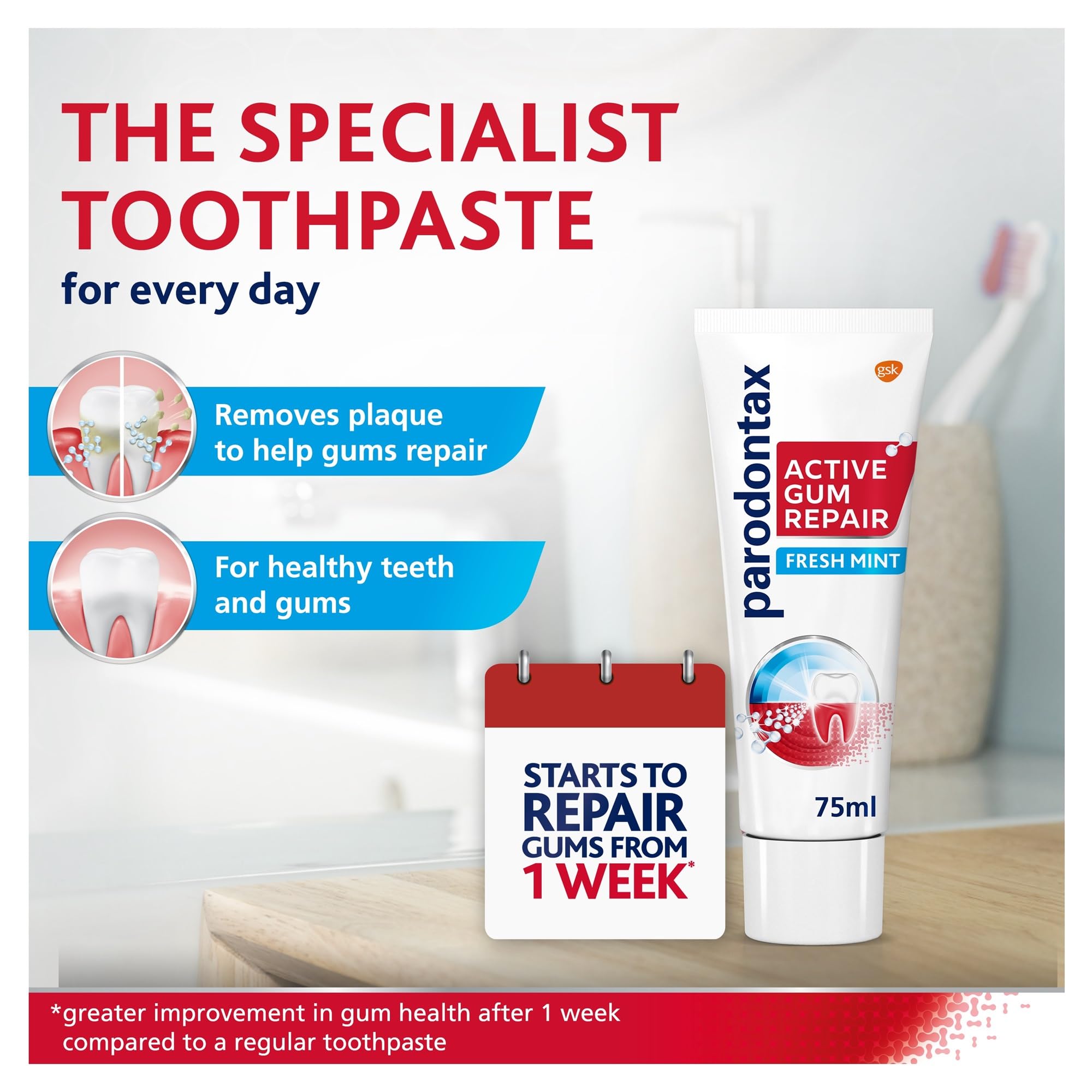 Parodontax Active Gum Repair Toothpaste Fresh Mint 75ml, Daily Fluoride Toothpaste to Help Reverse Early Gum Damage, Reduce Bleeding Gums & Strengthen Enamel
