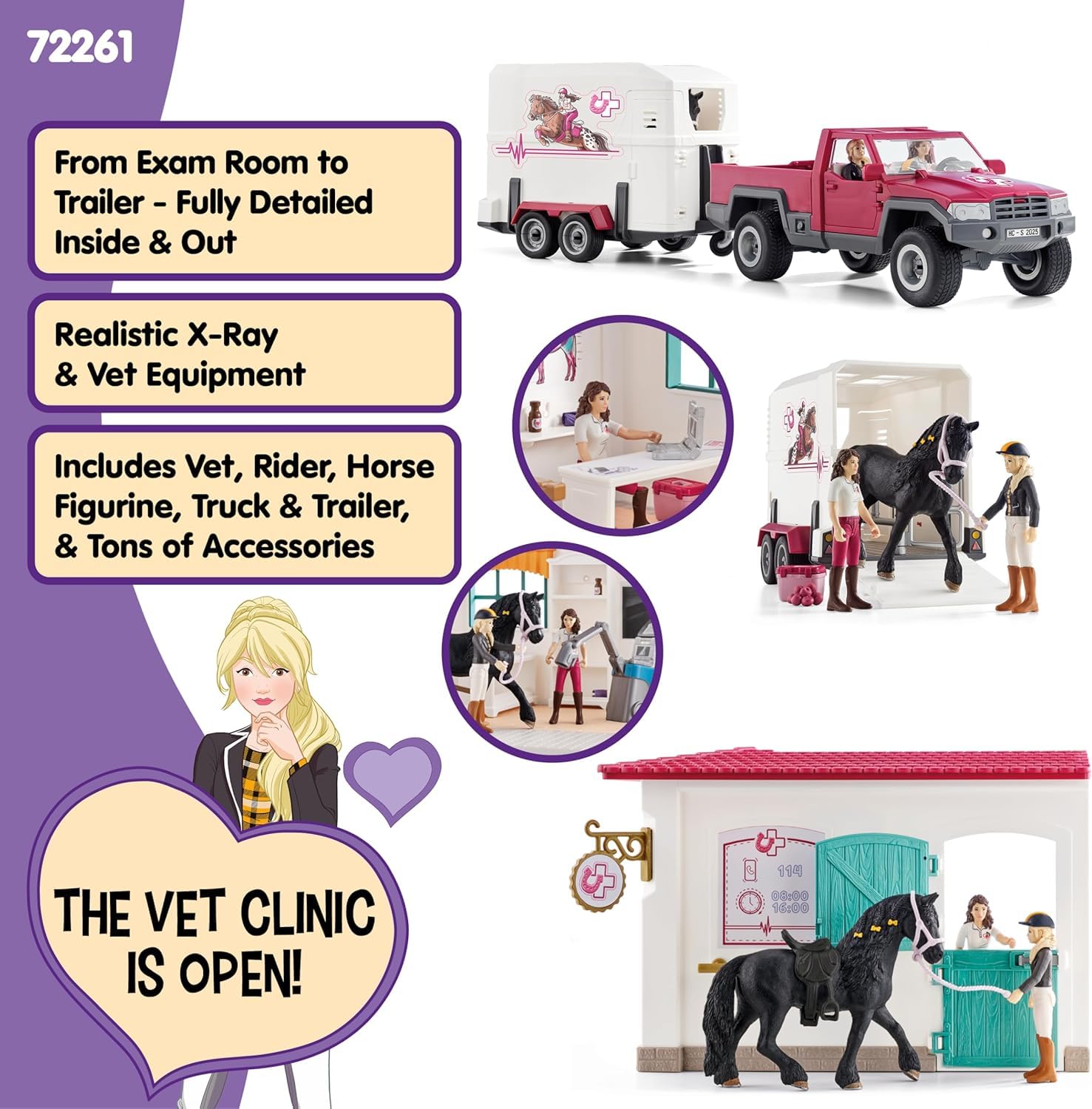 schleich HORSE CLUB | Wizyta u weterynarza 72261 | Zestaw z domem, pick-upem, przyczepą, 2 figurkami, koniem i akcesoriami | idealny prezent dla dzieci od 5 lat | 61 elementów