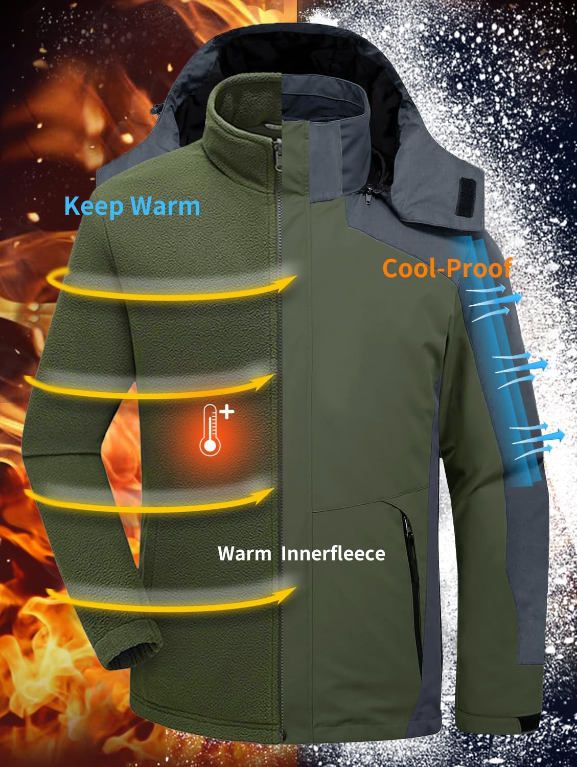 Mens Winter Skiing Jacket 3 in 1 Waterproof Warm Snow Fleece Lining Coat Hooded Windproof Jacket S-6XL - Image 3