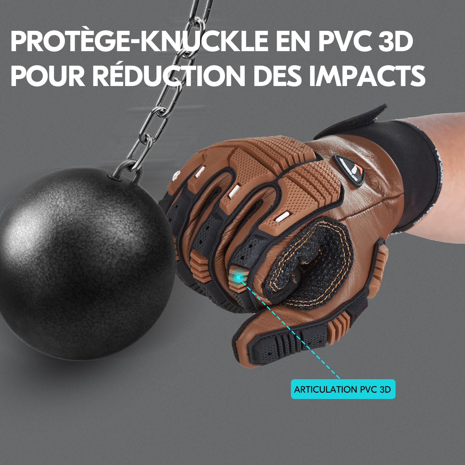 Vgo... Gants travail en cuir sécurité, mécanicien, doublure anti-coupure HPPE, protection des mains, EN388 niveau 5, ANSI A3 (CA7722CT,Marron,XL,1Paire)