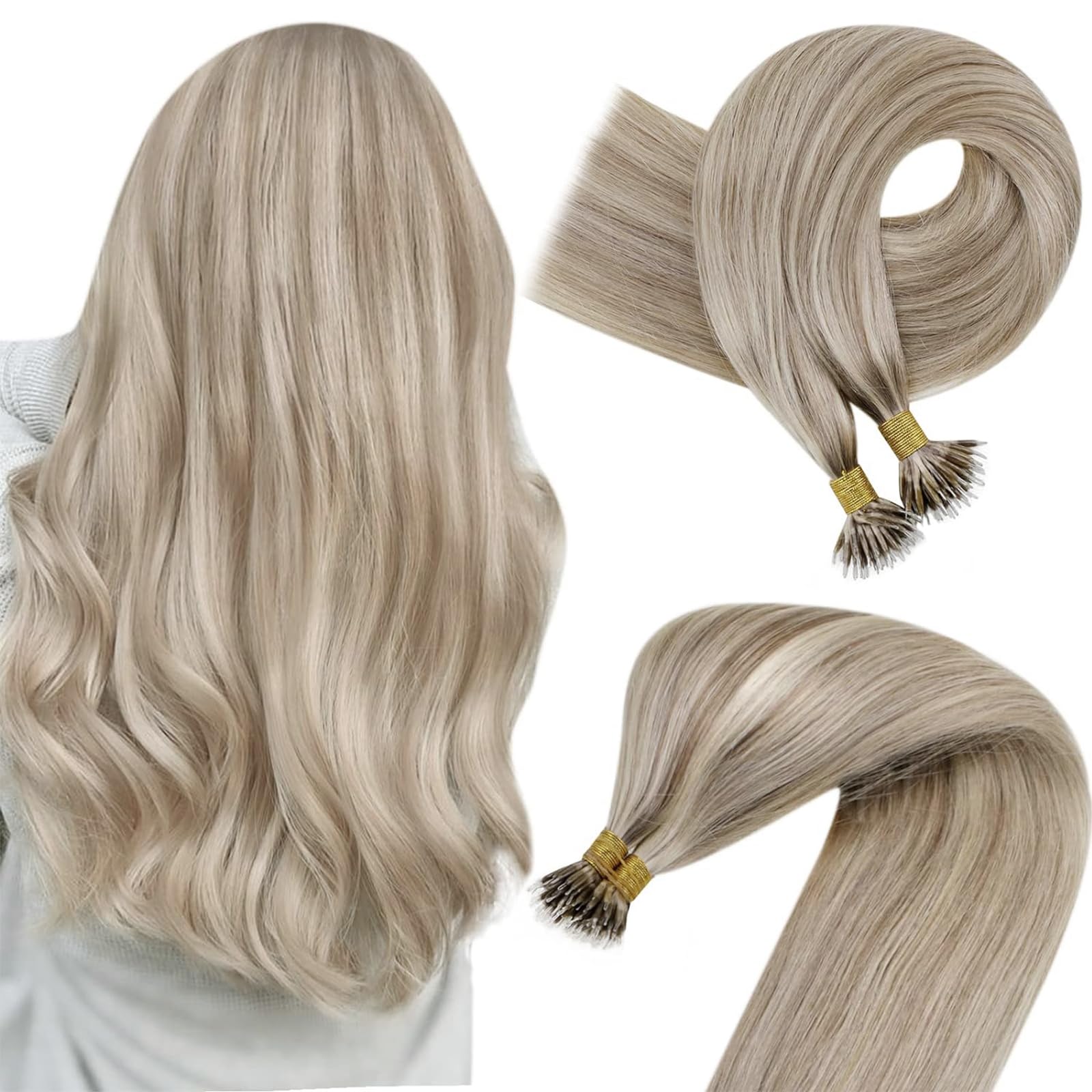 Easyouth Blonde Nano Hair Extensions Real Human Hair Highlight Nano Bead Hair Extensions Human Hair Ash Blonde Mixed Bleach Blonde Pre Bonded for Women 14 Inch 50g/50s