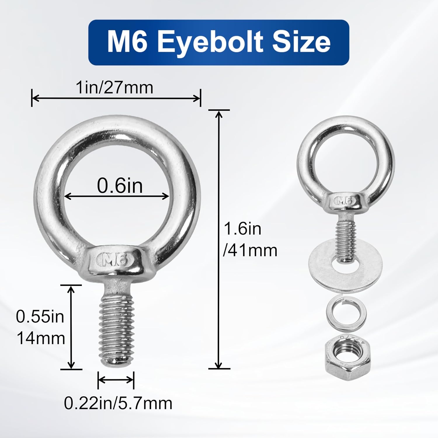 48 Pack M6 Stainless Steel Eye Bolts with Nuts Washers, 0.55"（14mm） Thread Length - Eyebolts for DIY, Furniture, Swing, and Outdoor Use (48, M6 x 14mm)