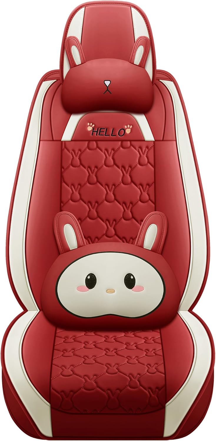 INZU Cute Cartoon Rabbit Comfortable Car Seat Covers with Waterproof PU Leather Suitable for Most 5 Seats Cars SUV and Pick-up Truck Universal Fit Set (Wine)