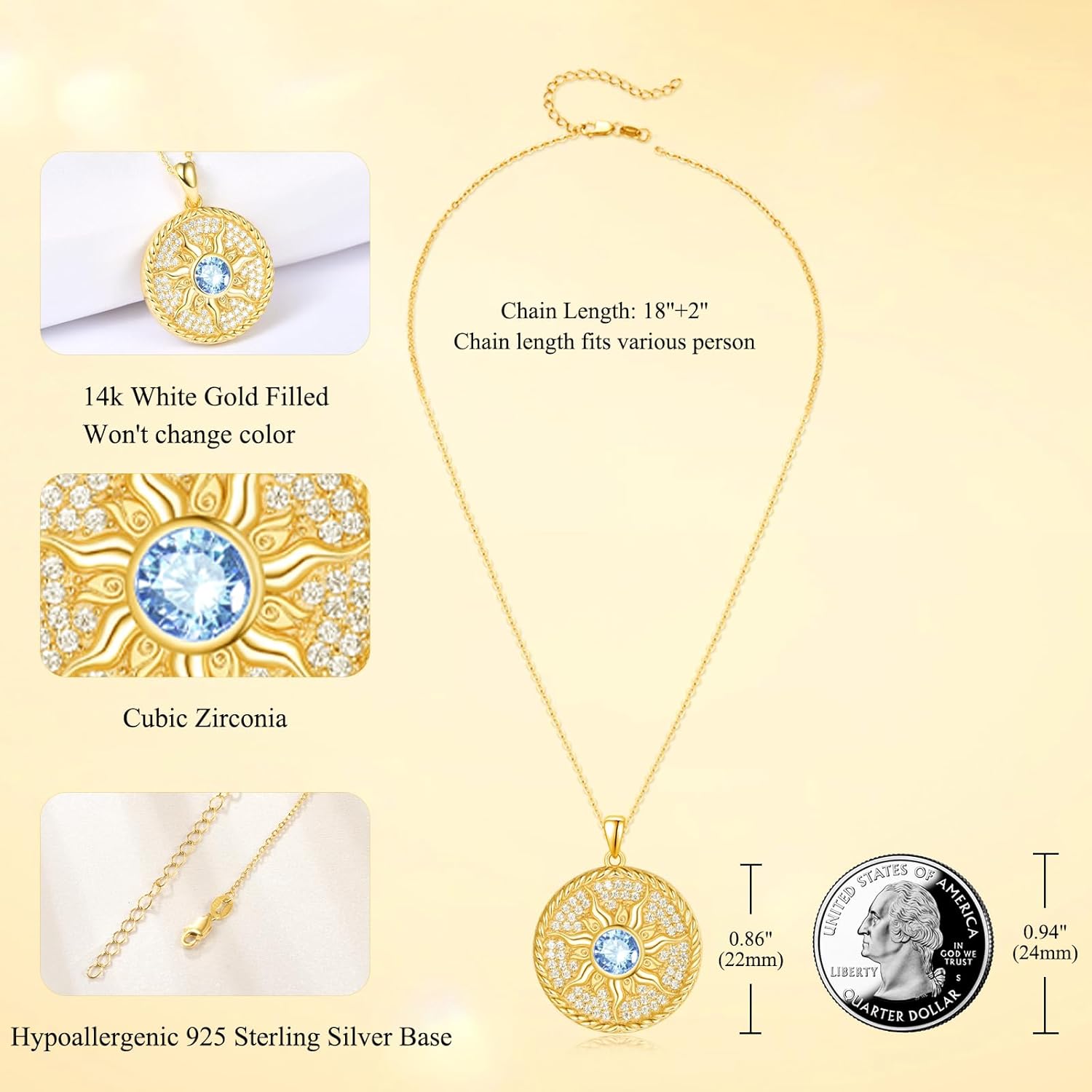 AENEAS Sun Necklace for Women 925 Sterling Silver Sun Necklace Birthstone Sun Coin Pendant Necklace Gold Round Shape Jewelry Sun Gifts for Her - Image 3
