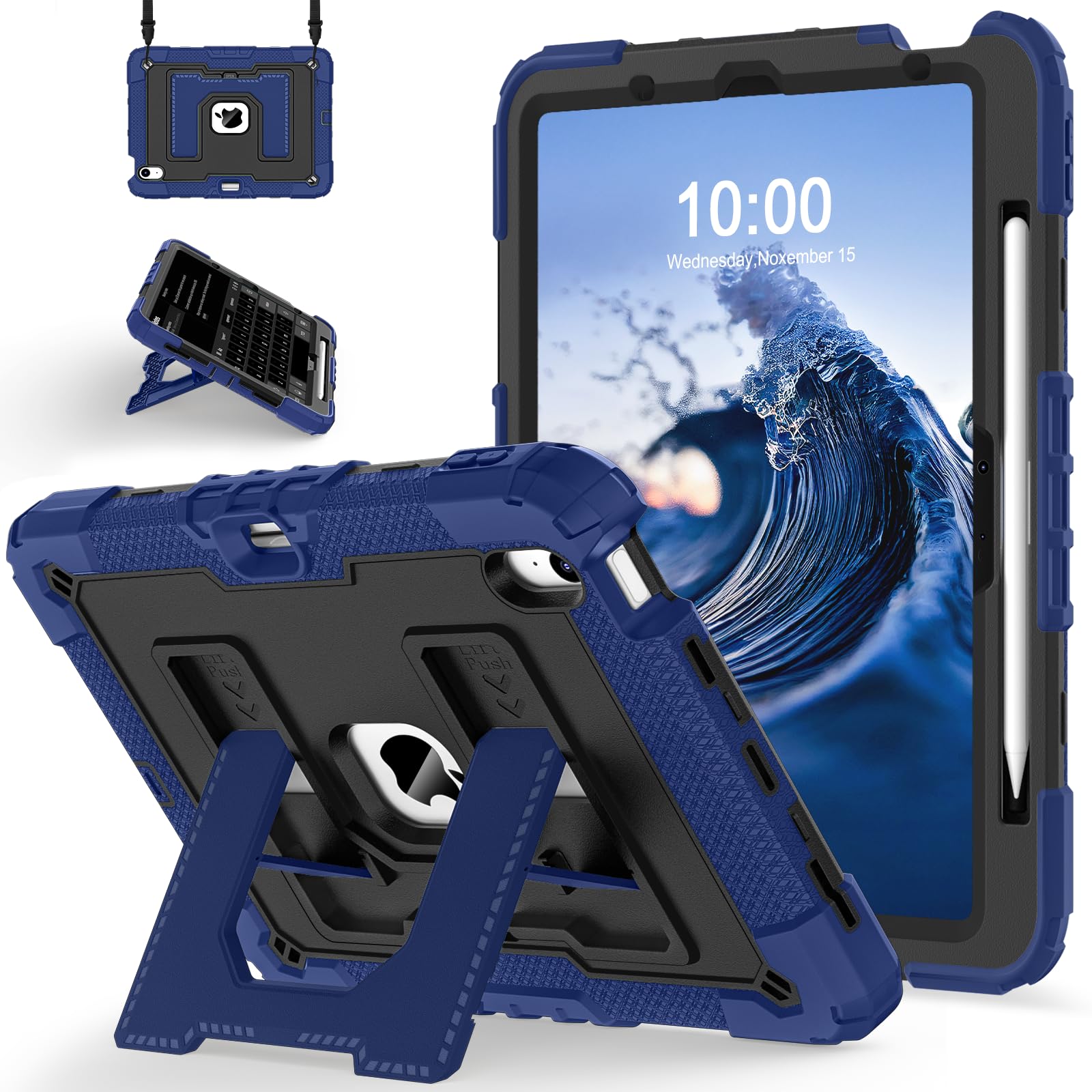 for iPad Air 11 Inch M4 (2026) /M3 (2025) /M2 (2024) iPad Air 5th/4th Generation Case 10.9 Inch (2022/2020),Military Grade Shockproof iPad Air Case 11 Inch with Pencil Holder, Navy Black