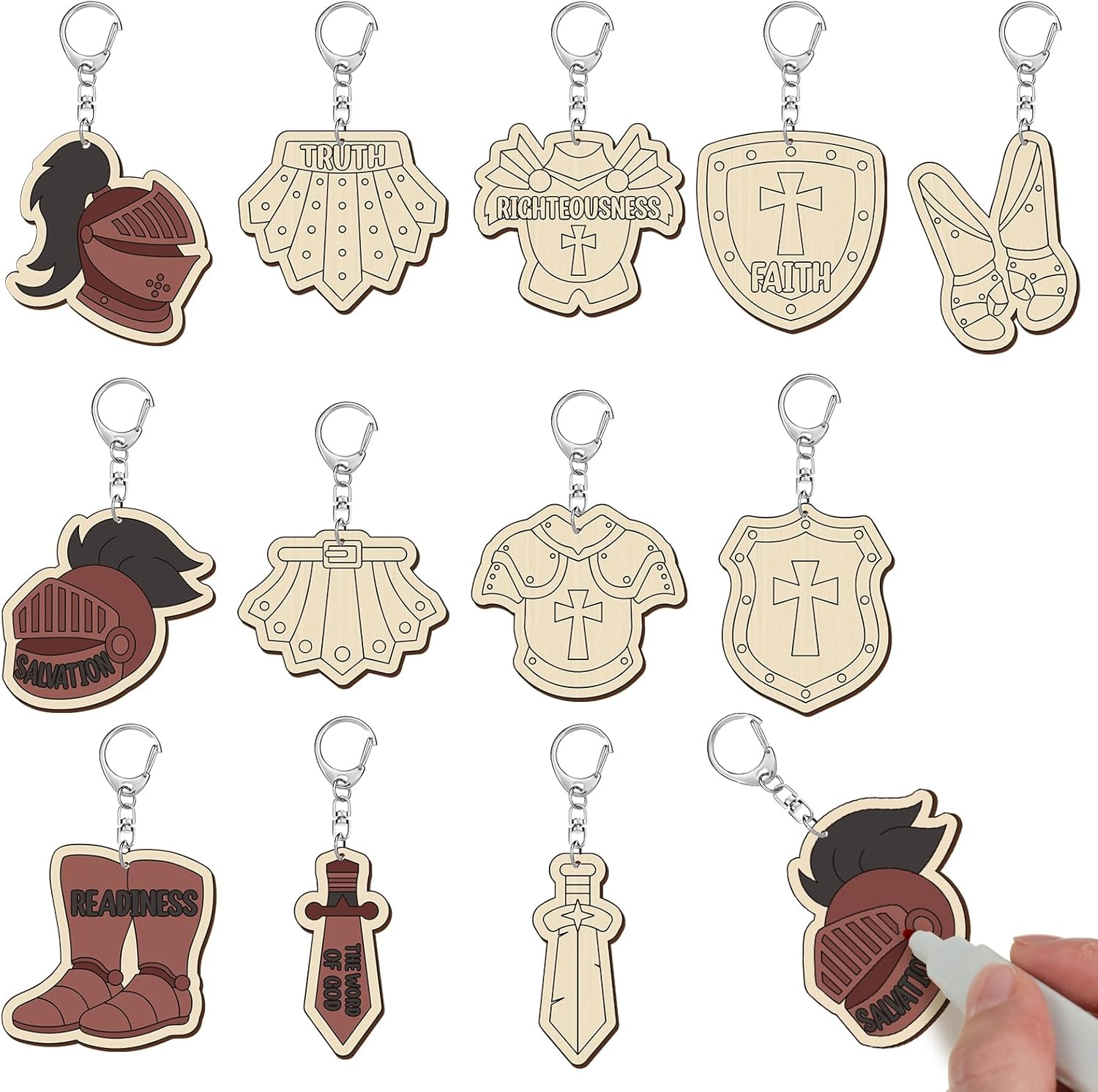 RattanView 48 Pcs Rainforest Falls VBS Craft Color Your Own Keychains DIY Craft Wooden Blank Keychains for Sunday School Classroom Home Active Party Favors Gifts, 12 Styles
