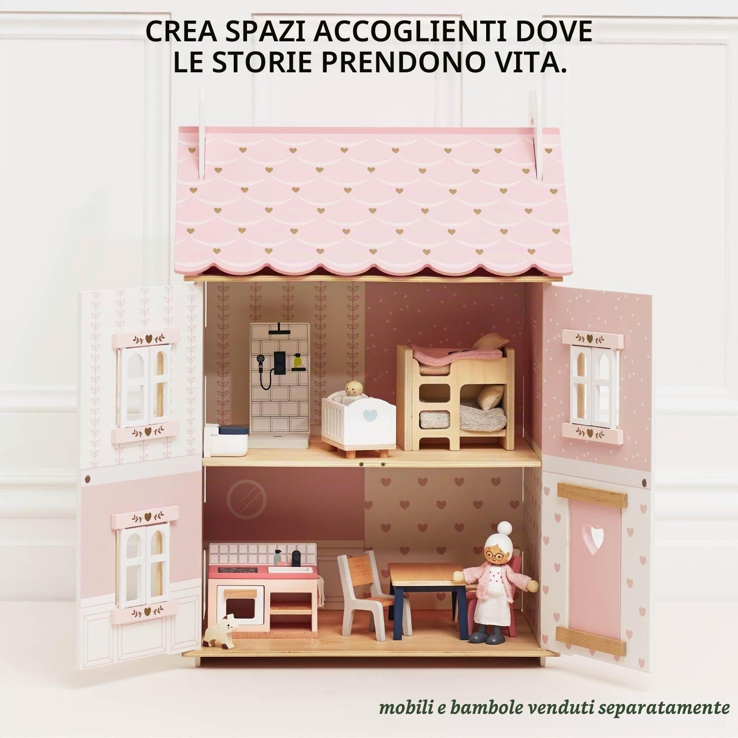 Le Toy Van - H124 - Casa delle bambole Rose Heart in legno certificato FSC, 3 anni, per bambina, 2 piani, l 44 x p 36 x h 66 cm, con persiane, finestre e porte apribili, gioco Montessori ecologico